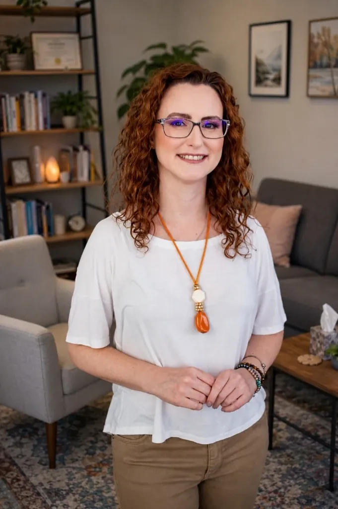 Michele em seu espaço de atendimento, com livros e plantas ao fundo.